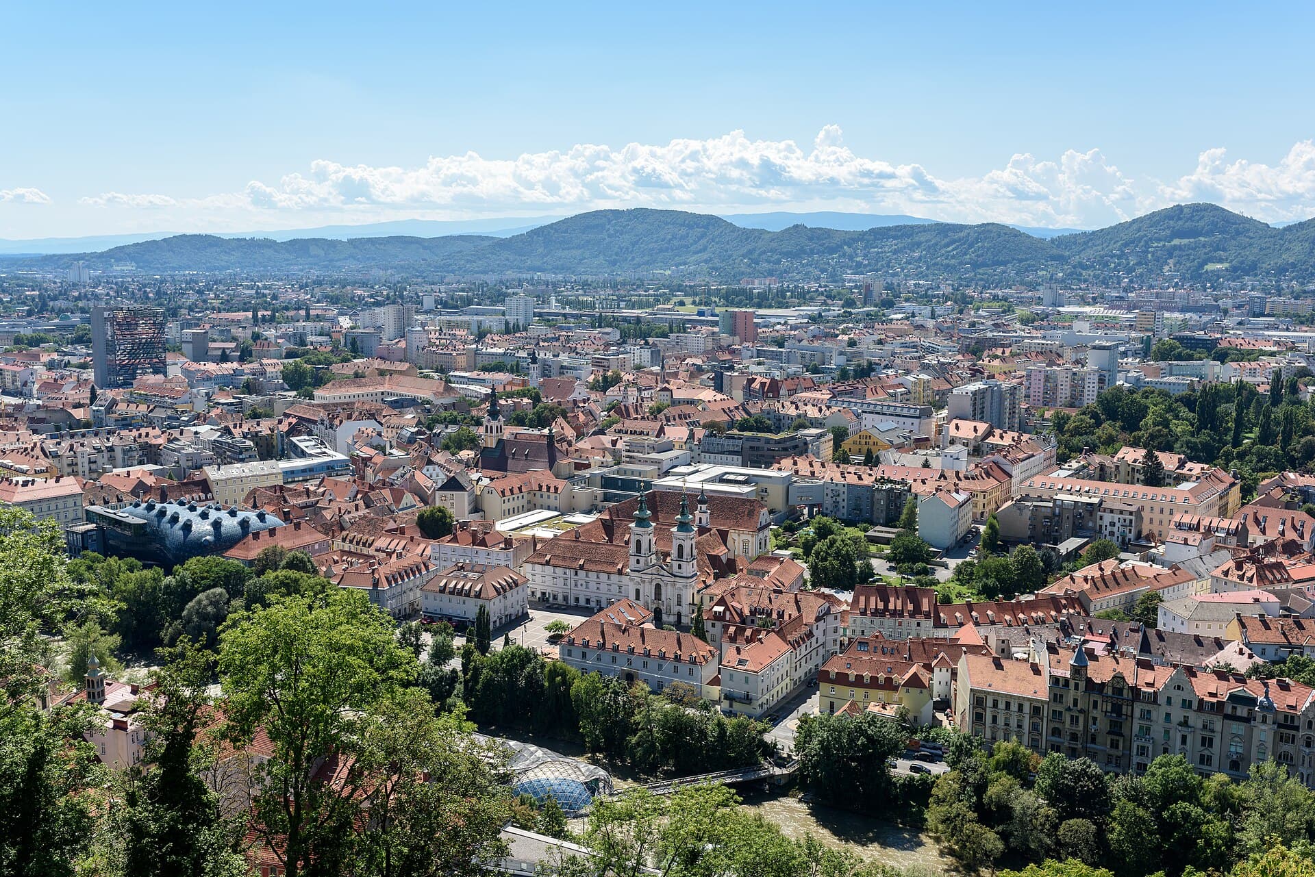 Graz old town rooftops seen from the Schlossberg