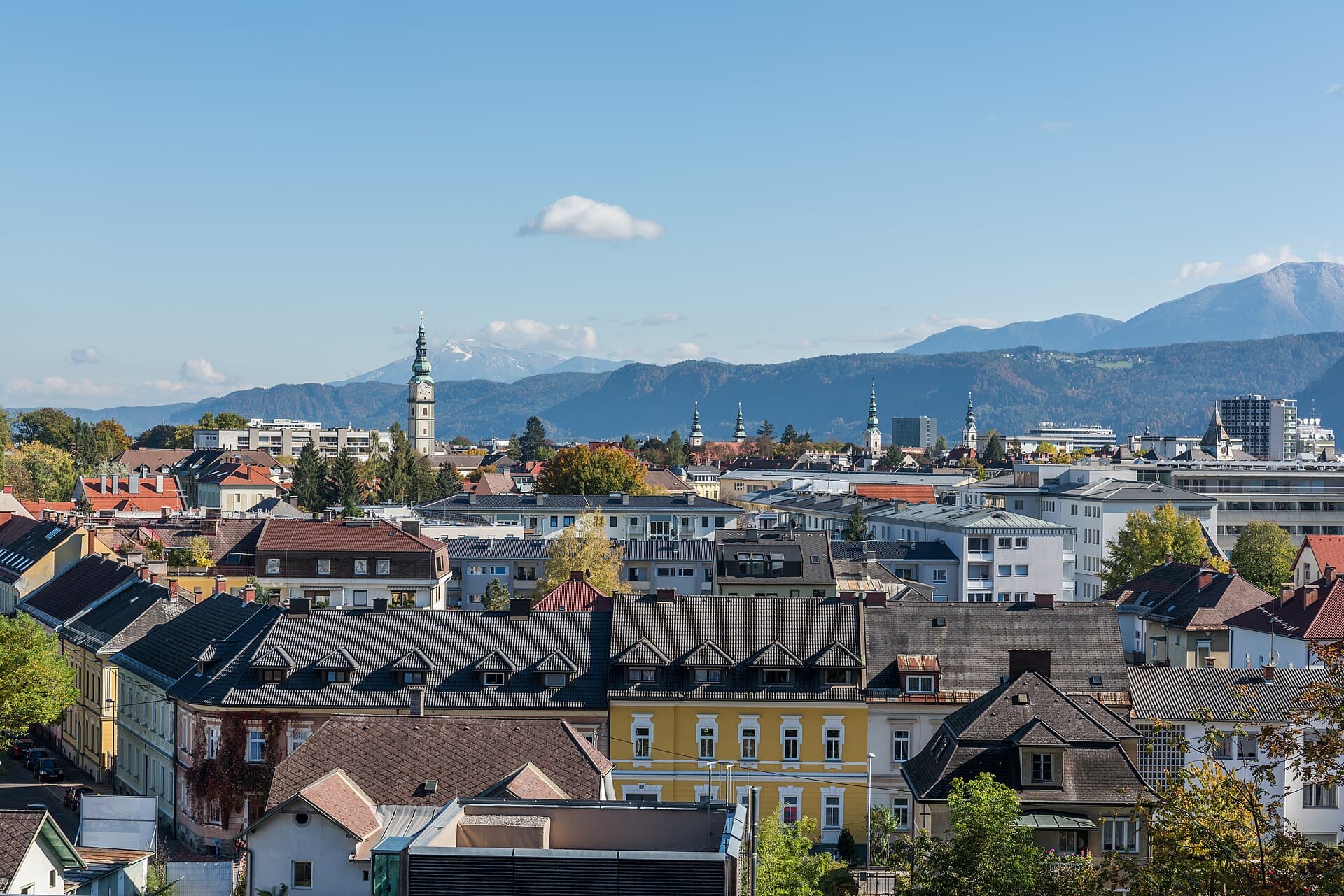 Klagenfurt rooftops with the Karawanks mountains behind
