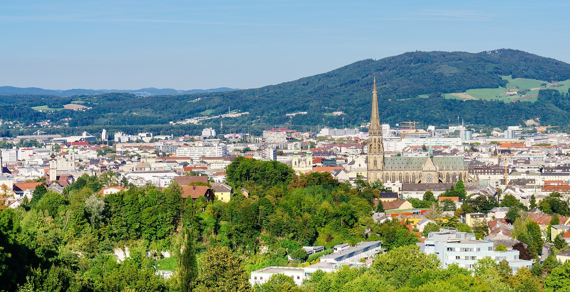 Linz skyline with the Mariendom cathedral spire