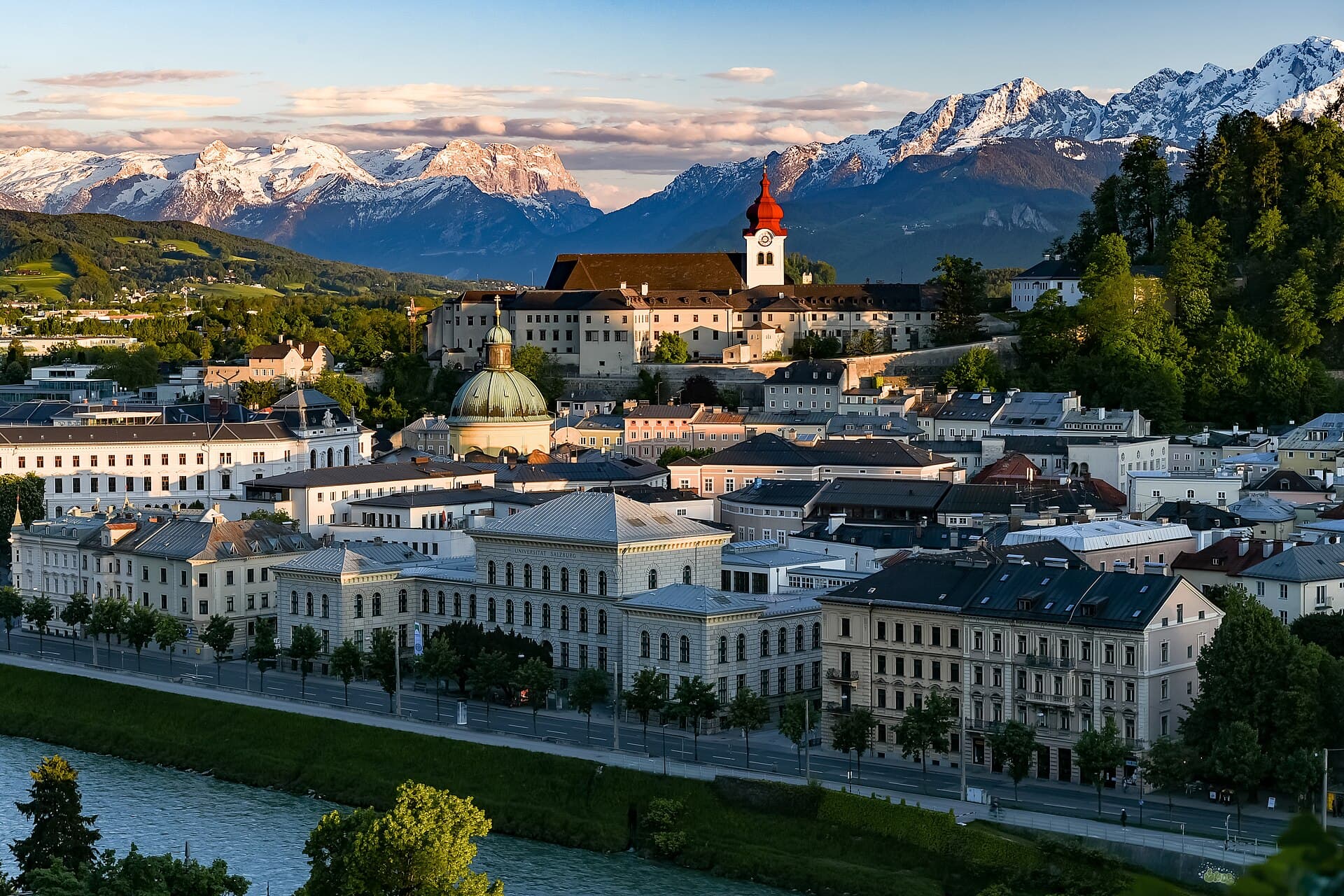 Salzburg old town with snow-capped Alps behind